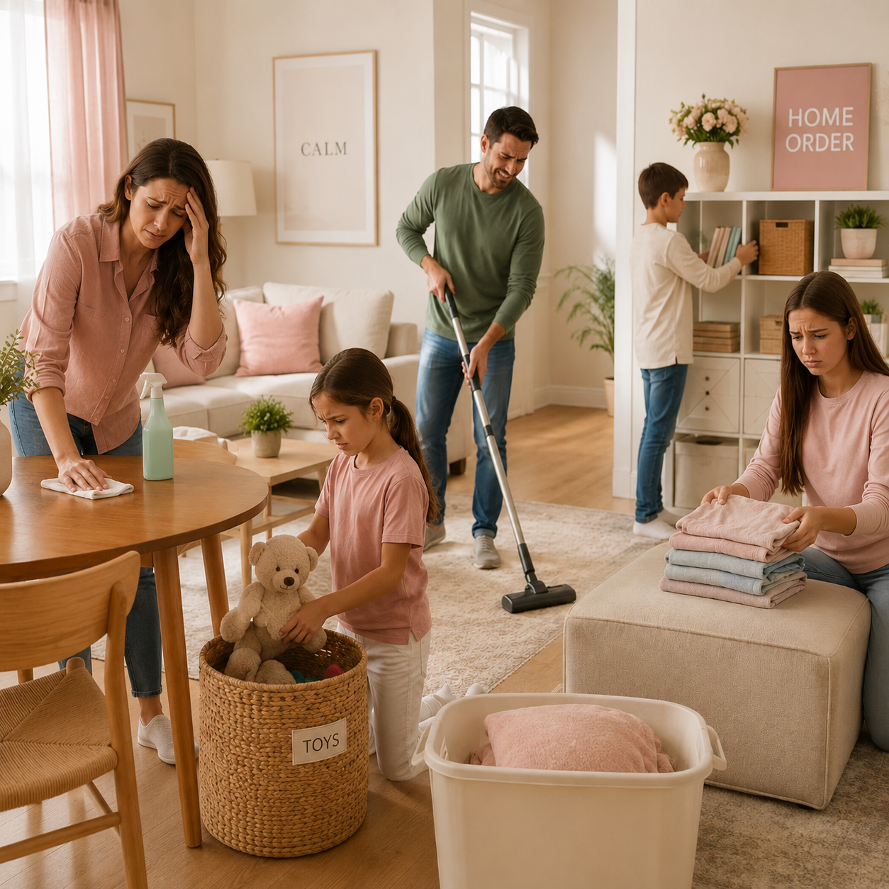 Familia abrumada haciendo tareas del hogar al mismo tiempo