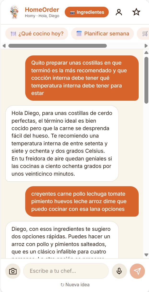 Conversación con el chef de HOMY sugiriendo recetas según ingredientes