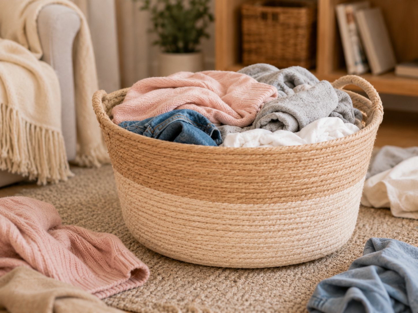 Canasta de ropa sucia acumulada en la sala