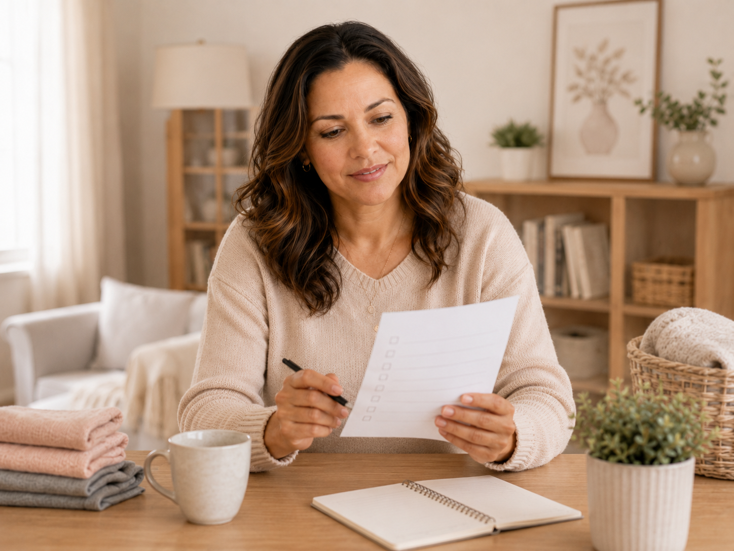 Mujer revisando su lista de pendientes del hogar