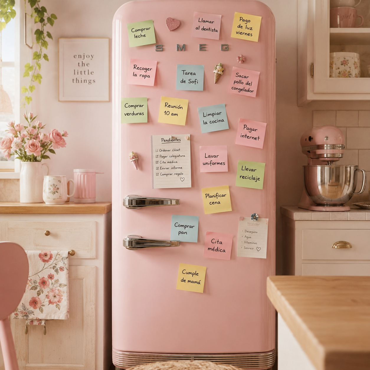 Refrigerador cubierto de notas con pendientes del hogar
