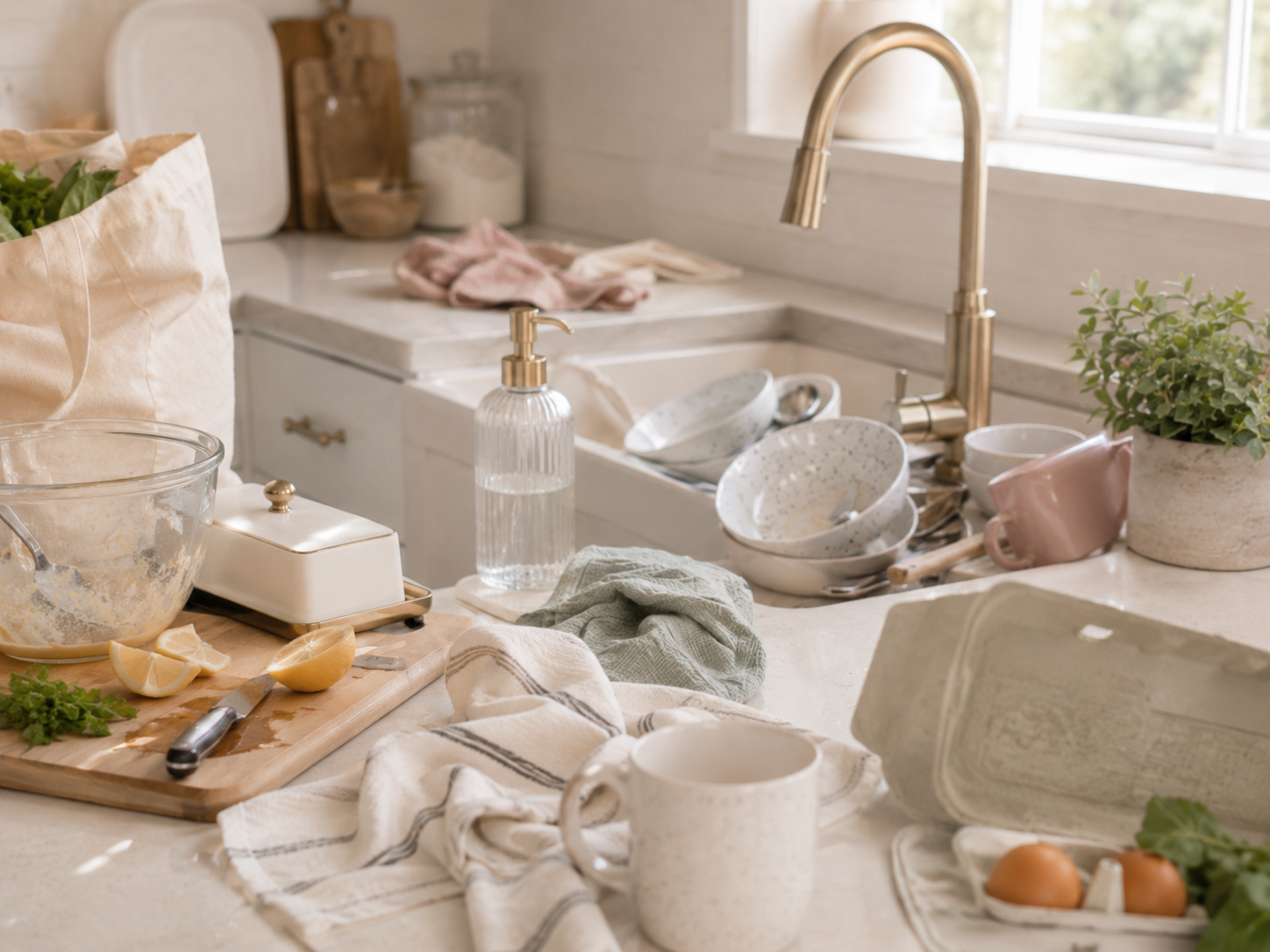 Cocina desordenada con platos y tareas sin terminar