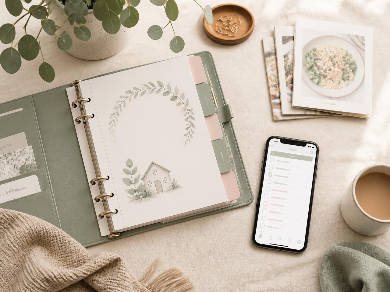 Planner HomeOrder impreso junto a un teléfono con la app HomeOrder y algunos bonos
